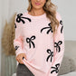 Light Pink Bow Print Long Sleeve Loose Fit Sweater