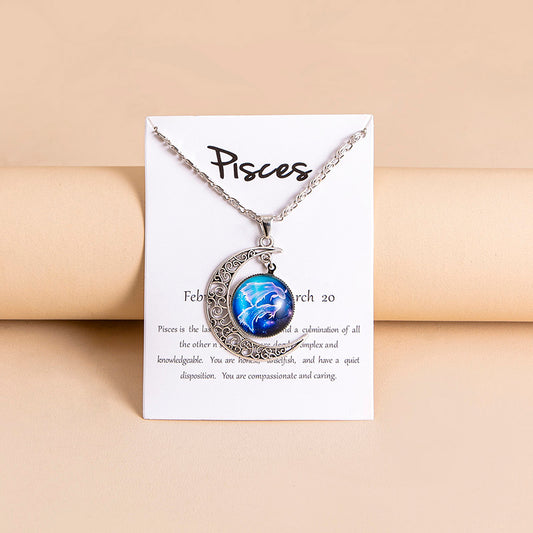 12 Zodiac Sign Glass Charms Moon Pendant Necklace For Women Girls