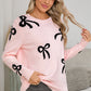 Light Pink Bow Print Long Sleeve Loose Fit Sweater