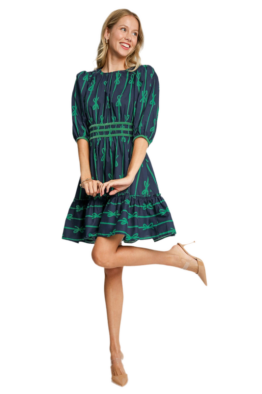 Umgee Ribbon Print Frill Contrast Velvet Trim Half Sleeve Dress