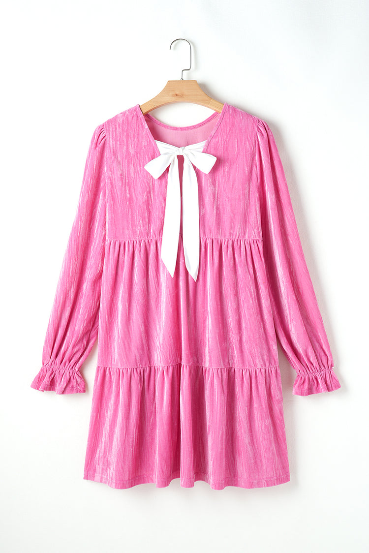 Strawberry Pink Flounce Sleeve Tiered Ruffled Velvet Mini Dress