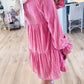 Strawberry Pink Flounce Sleeve Tiered Ruffled Velvet Mini Dress