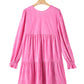 Strawberry Pink Flounce Sleeve Tiered Ruffled Velvet Mini Dress