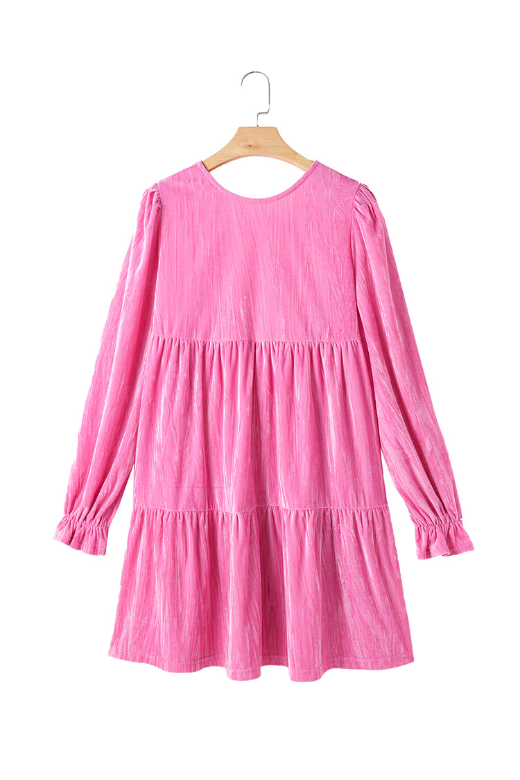 Strawberry Pink Flounce Sleeve Tiered Ruffled Velvet Mini Dress