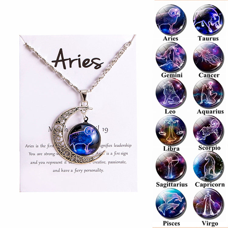 12 Zodiac Sign Glass Charms Moon Pendant Necklace For Women Girls