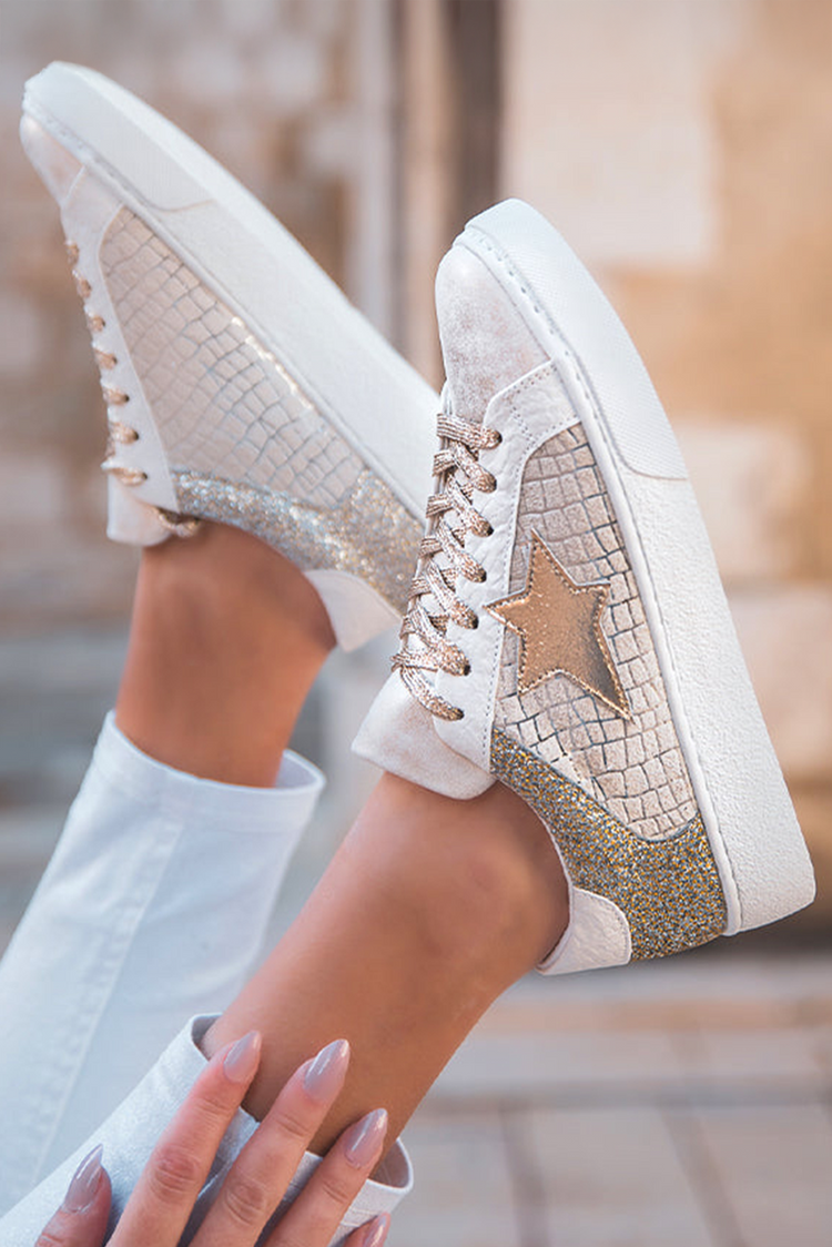 Gold Glitter Star Patchwork PU Leather Lace-up Sneakers