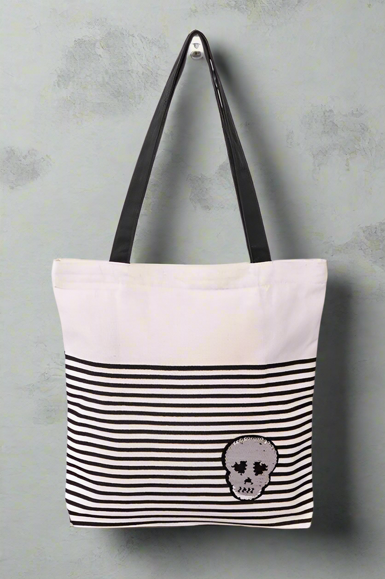 Sequins Skull Patch Fashion Canvas Tote