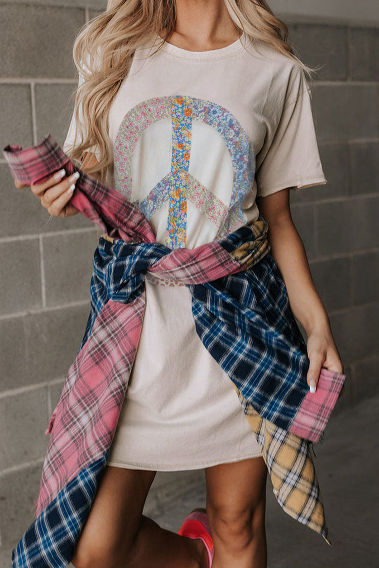 White Floral Peace Sign Graphic T Shirt Dress