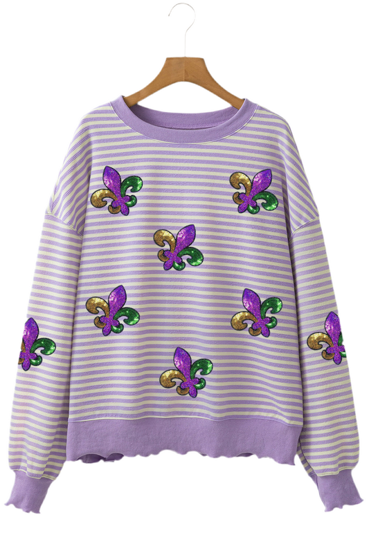 Purple Stripe Sequin Fleur De Lis Patched Drop Shoulder Graphic Top