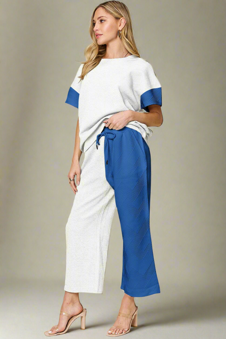 Double Take Full Size Texture Contrast T-Shirt and Wide Leg Pants Set