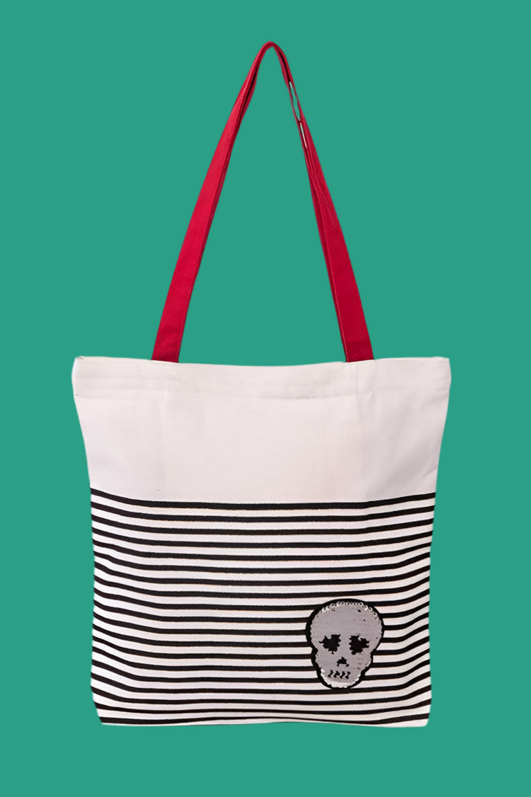 Sequins Skull Patch Fashion Canvas Tote