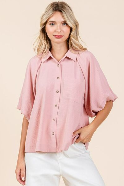 Bubble sleeve button-down shirt