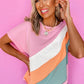 Pink Color Block Patchwork Seamed Crewneck T Shirt