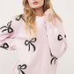 Light Pink Bow Print Long Sleeve Loose Fit Sweater