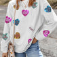 White Letter Print Heart Graphic Valentines Corded Crewneck Sweatshirt