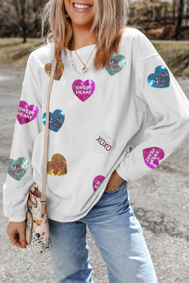 White Letter Print Heart Graphic Valentines Corded Crewneck Sweatshirt