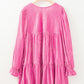 Strawberry Pink Flounce Sleeve Tiered Ruffled Velvet Mini Dress