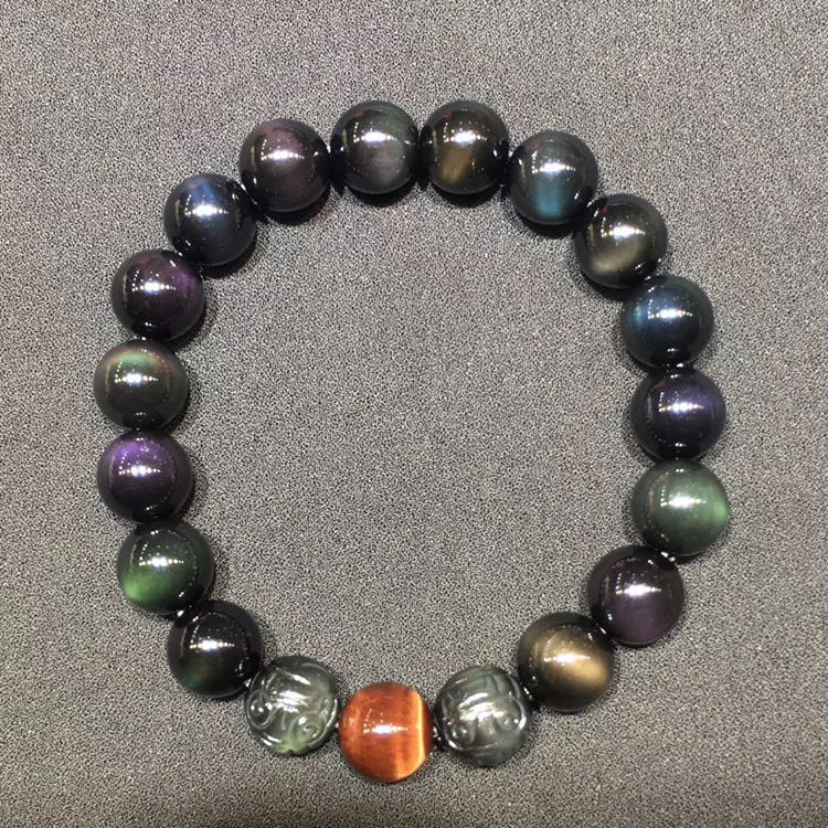 Natural Double Rainbow Obsidian Carved Pixiu Bracelet