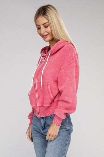 Acid Wash Fleece Cropped Zip-Up Hoodie - Rebel K Collective