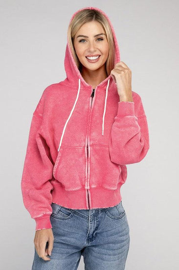 Acid Wash Fleece Cropped Zip-Up Hoodie - Rebel K Collective