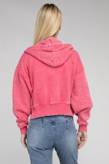 Acid Wash Fleece Cropped Zip-Up Hoodie - Rebel K Collective