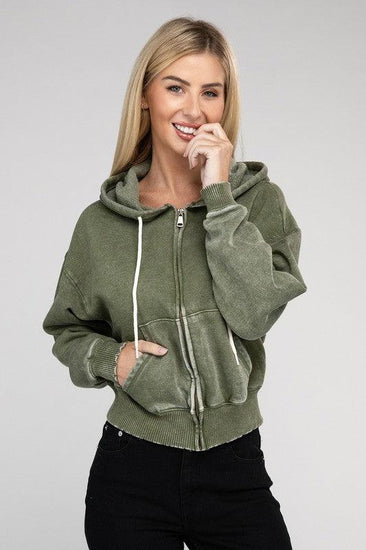 Acid Wash Fleece Cropped Zip-Up Hoodie - Rebel K Collective