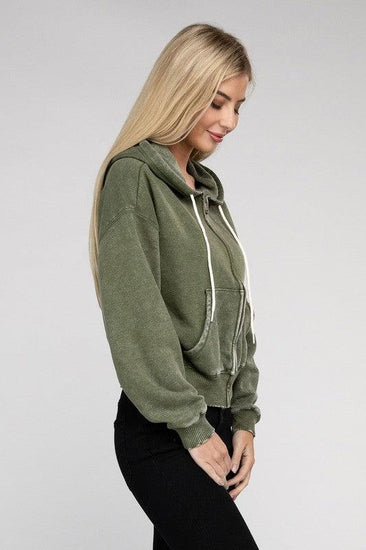 Acid Wash Fleece Cropped Zip-Up Hoodie - Rebel K Collective