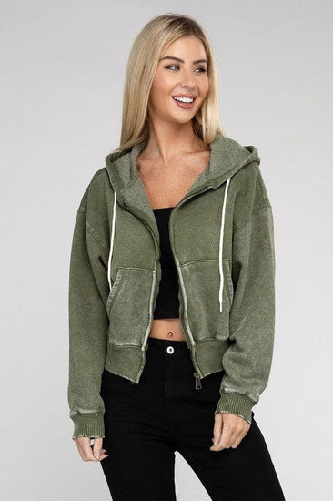 Acid Wash Fleece Cropped Zip-Up Hoodie - Rebel K Collective