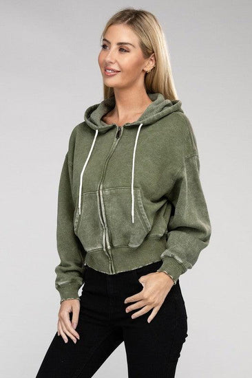 Acid Wash Fleece Cropped Zip-Up Hoodie - Rebel K Collective