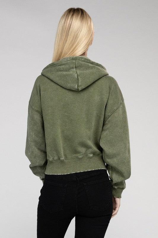 Acid Wash Fleece Cropped Zip-Up Hoodie - Rebel K Collective