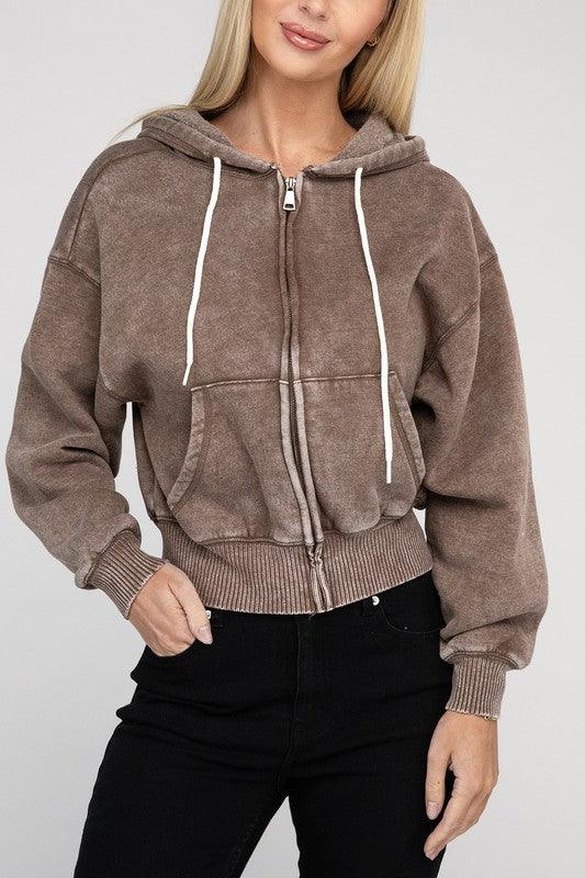 Acid Wash Fleece Cropped Zip-Up Hoodie - Rebel K Collective