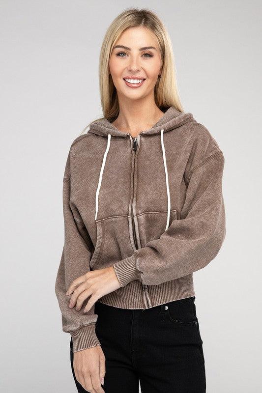 Acid Wash Fleece Cropped Zip-Up Hoodie - Rebel K Collective