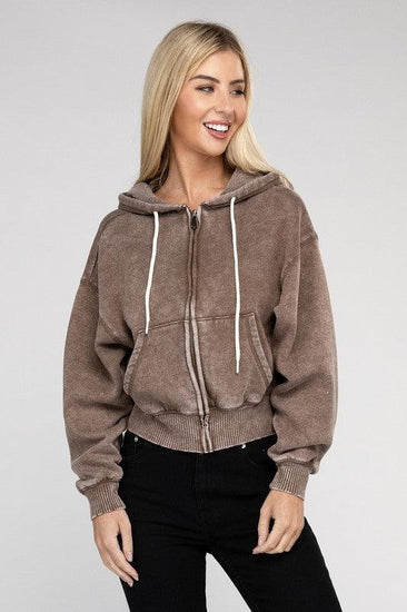 Acid Wash Fleece Cropped Zip-Up Hoodie - Rebel K Collective