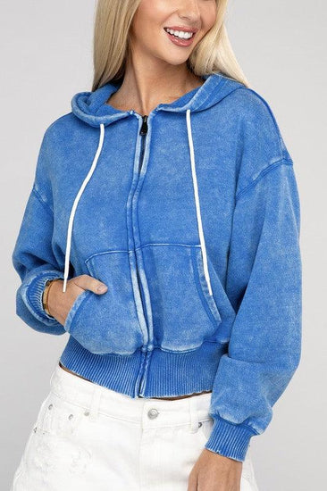 Acid Wash Fleece Cropped Zip-Up Hoodie - Rebel K Collective