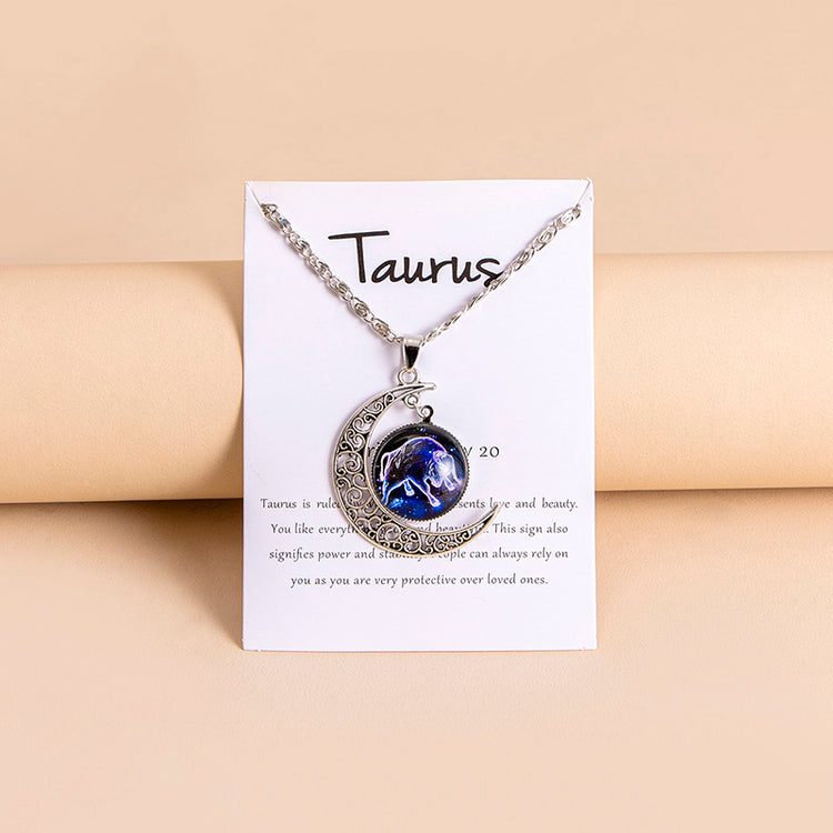 12 Zodiac Sign Glass Charms Moon Pendant Necklace For Women Girls