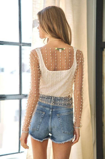 Bead and Pearl Embellished Long Sleeves Mesh Top - Rebel K Collective