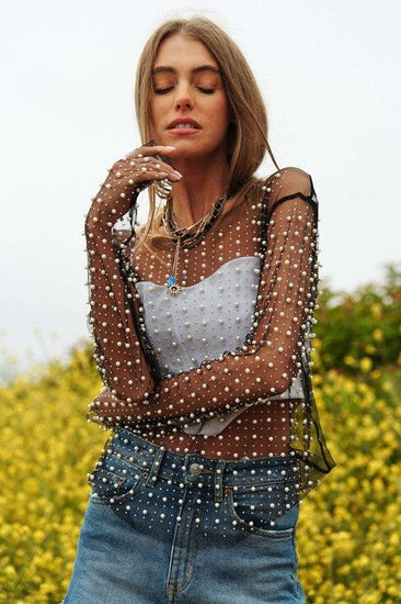 Bead and Pearl Embellished Long Sleeves Mesh Top - Rebel K Collective