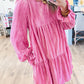 Strawberry Pink Flounce Sleeve Tiered Ruffled Velvet Mini Dress