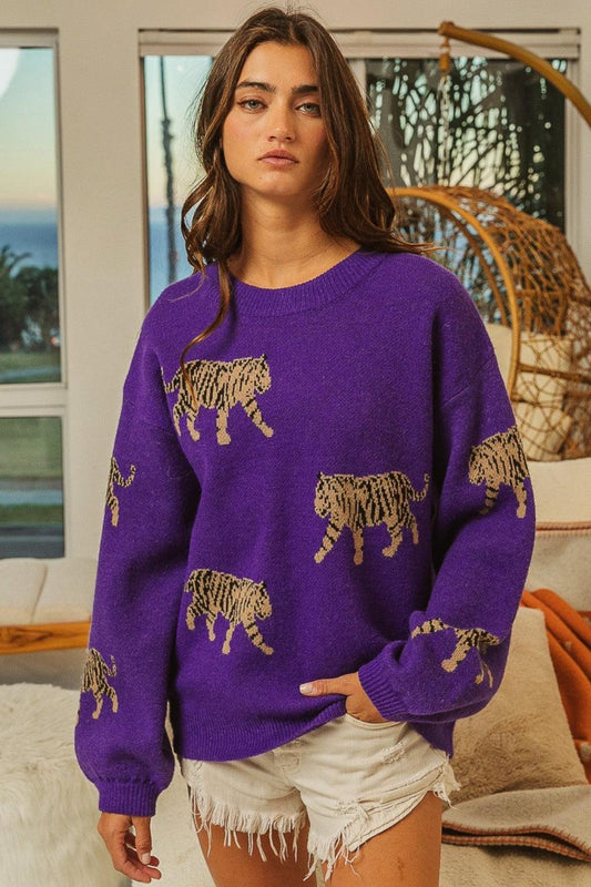 BiBi Tiger Pattern Long Sleeve Sweater - Rebel K Collective