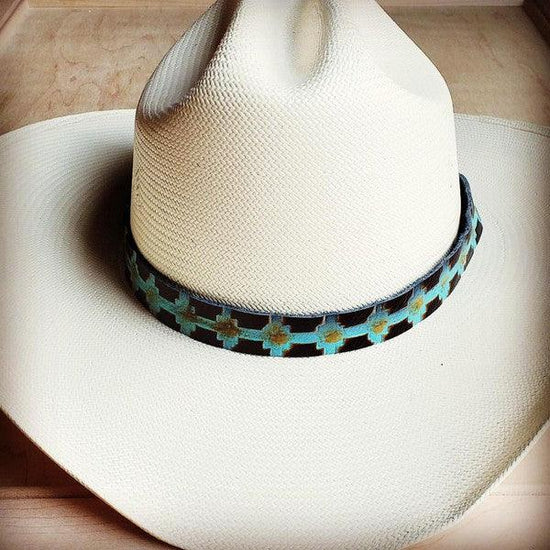 Blue Navajo Embossed Leather Hat Band - Rebel K Collective