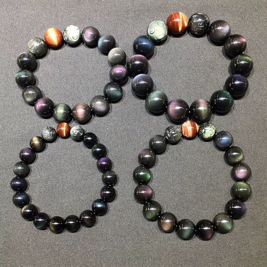 Natural Double Rainbow Obsidian Carved Pixiu Bracelet