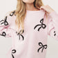 Light Pink Bow Print Long Sleeve Loose Fit Sweater