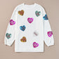 White Letter Print Heart Graphic Valentines Corded Crewneck Sweatshirt