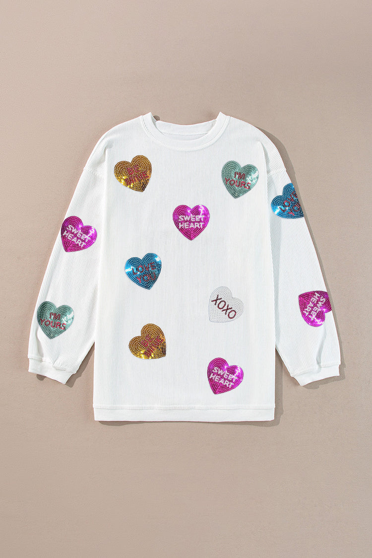 White Letter Print Heart Graphic Valentines Corded Crewneck Sweatshirt