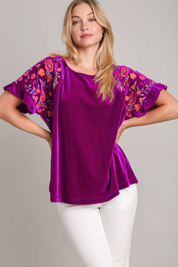 Velvet embroidery blouse