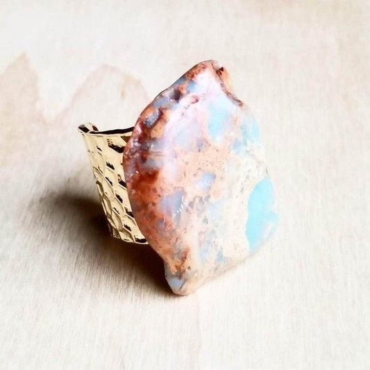 Chunky Aqua Terra Slab on Hammered Cuff Ring Base - Rebel K Collective