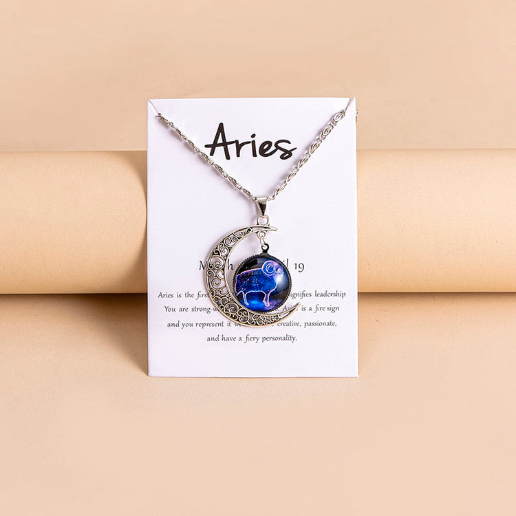 12 Zodiac Sign Glass Charms Moon Pendant Necklace For Women Girls