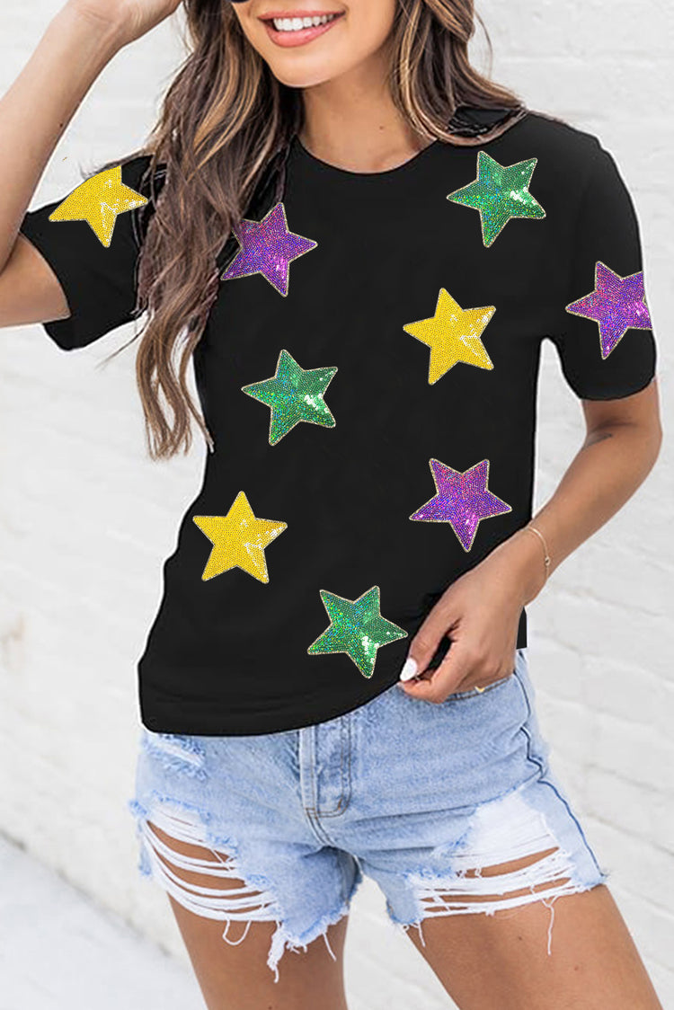 Sequin Stars Patched Round Neck T-Shirt