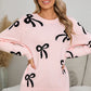 Light Pink Bow Print Long Sleeve Loose Fit Sweater