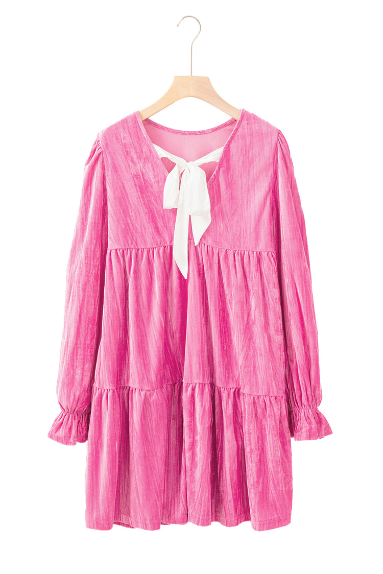 Strawberry Pink Flounce Sleeve Tiered Ruffled Velvet Mini Dress